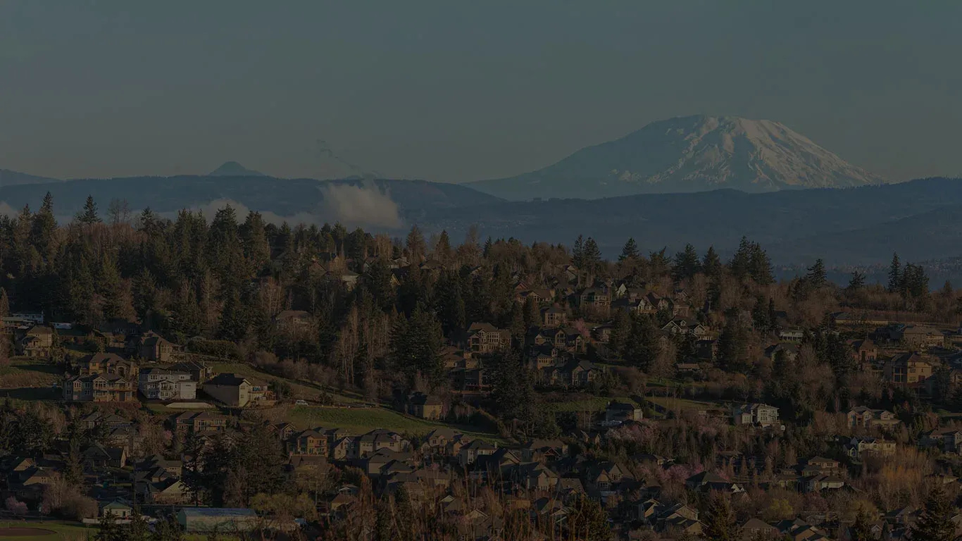 Homes and tree-lined hills below a snow-capped mountain.